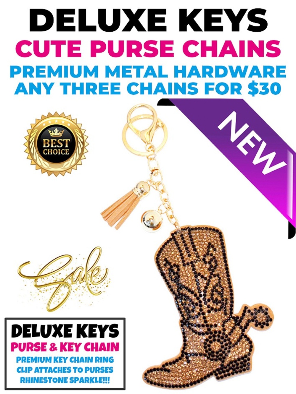 DeLuxe Keys Rhinestone Keychain/Purse Chain COWBOY BOOT BROWN SWIRL